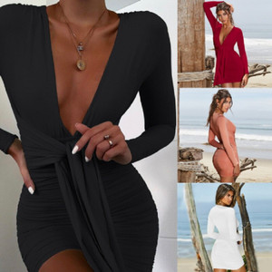 REJEA Elegant Deep V-Neck Sexy Autumn Dress Long Sleeve Pleated Bodycon Party Dress Short Casual Dress Vestidos REJEA Elegant Deep V-Neck Sexy Autumn Dress Long Sleeve Pleated Bodycon Party Dress Short Casual Dress Vestidos
