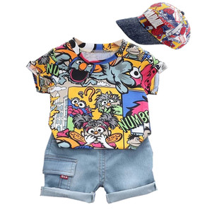 Rejea Cool Kid Boys Summer Clothes Outfit With Sunhat Fashion Graffiti Short-sleeved T-shirt Denim Shorts Set Children Pants Clothing Rejea Cool Kid Boys Summer Clothes Outfit With Sunhat Fashion Graffiti Short-sleeved T-shirt Denim Shorts Set Children Pants Clothing