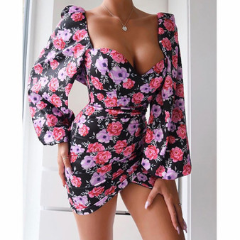 Rejea New Sexy Women Ladies Evening Party Flower Dress Sexy Prom Ball Mini Dresses Women Long Puff Sleeve Slim Club Dress