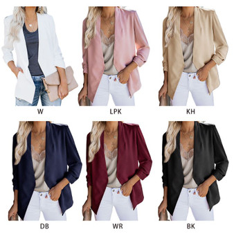 Rejea Women Plus Size Ruched 3/4 Sleeve Business Coat Open Front Solid Color Slim Work Office Blazer Cardigan Jacket with Pocket S-4XL