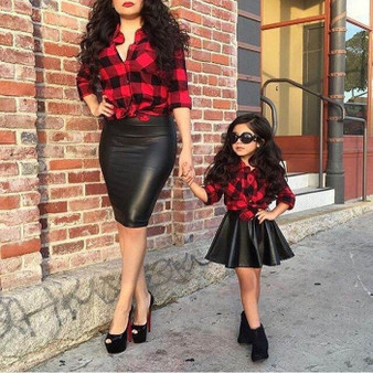 Rejea 2PCS New Fashion Girls Kids Red Plaid Long Sleeve Tops Shirt Leather PU Skirt Summer Stylish Kid Girls Outfits Clothes Sets