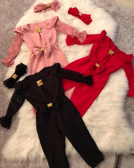 Rejea New Baby Girl Clothes Fashion Kids Girl Sets 2Pcs Lace Flare Sleeve Bow Romper Headband Child Girl Clothes Streetwear 1-5Y