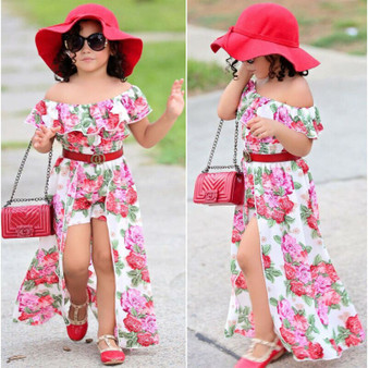 Rejea Summer Kids Baby Girl Floral Sets Off Shoulder Crop Tops+Shorts+Lace-up Skirts 3Pcs Boho Children Girl Clothes Outfits 1-6Y