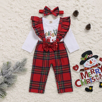 Rejea Christmas Newborn Baby Girl Clothes Sets Fashion 3Pcs Letter Romper Sequins Bow Braces Pants Headband Baby Girl Xmas Outfit