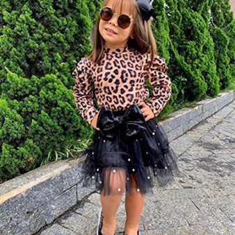 Rejea 1-6Years Autumn Winter Two-piece skirt Toddler Kids Baby Girl Leopard Print T shirt Bow Tulle Skirt Outfits Set vetement noel M4