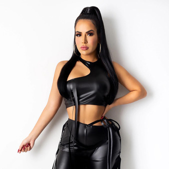 Rejea Women Ribbon PU Leather Pencil Pants Sleeveless Crop Top Vest Tank Fashion Casual Trousers