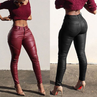 Rejea Sexy Ladies Leather Skinny High Waist Leggings Stretchy Pencil Pants Trousers Women PU Leather Skinny Pencil Pant