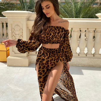 Rejea Summer Leopard Swimsuit Cover-Ups Sexy Women Beach Two Pieces Sets Off Shoulder Crop Top+High Split Maxi Skirt Holiday Outfit