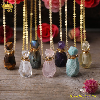 Rejea Natural Pink Amethysts Quartz Tiger Eye Stone Perfume Bottle Pendant Necklace,Gold Crystal Essential Oil Diffuser Vial Jewelry
