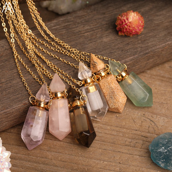 Rejea Natural Gems Stone Faceted Prism Perfume Bottle Pendants Necklace,Cut Hexagon Points Crystal Essential Oil Diffuser Vial Charms