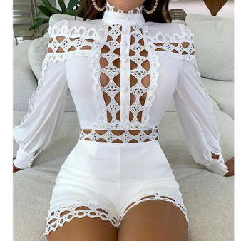 Rejea Fashion Women Elegant Playsuits Lace Hollow Out Long Sleeve Turtleneck Bodycon Short Romper Jumpsuits Summer Fall Body Top