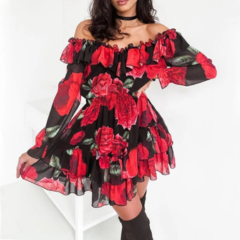 Rejea Women Off Shoulder Ruffles Flower Print Dress Spring Long Sleeve Elegant Party Dress Female Chiffon Beach Holiday Vestidos