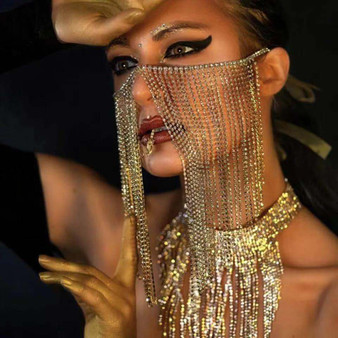 Rejea Fashion trend women's gold Rhine stone mask  tassel chain front jewelry  long tassel mask crystal jewelry  Halloween Gift