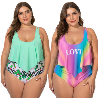 Rejea Summer Plus Size Two Pieces Women's Bikinis Set Cactus/Letter Printed Ruffle Big Swimsuit Large Female Swimming Suits 5XL