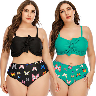 Rejea Women Plus Size Swimsuit Two Pieces Butterfly Printed Bikini Set High Waisted Triangle Swimwear Bottom Big Female Bathsuit