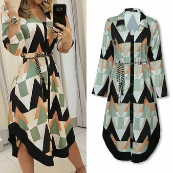 Rejea Spring Summer Lady Cover Up Women's Shirt Dress Wave Print Long Sleeve V-Neck Casual Loose Holiday Midi Dress Plus Size