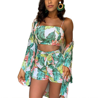 Rejea Summer New Women Boho 3Pcs Floral Print Cardigan Blouse+Crop Top+Shorts Lady Holiday Beach Three Pieces Set Casual Shorts Sets