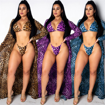 Rejea 3pcs Women Purple Leopard Print Bikini Set Swimwear Long Sleeve Kimono Cover Up Cardigan Beach Bathing Dress Swimsuit Sets