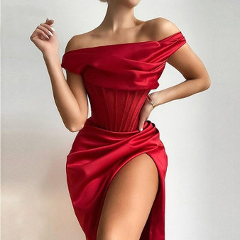 Rejea New Elegant Ruched Bodycon Evening Dress For Women Off Should High Split Party Dresses Summer Sexy Red Vestidos