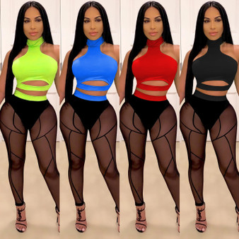 Rejea Summer Sleeveless Tank Crop Top Hollow Out Halter Top and Sheer Mesh Leggings Tracksuit Sexy Bodycon Clubwear Party
