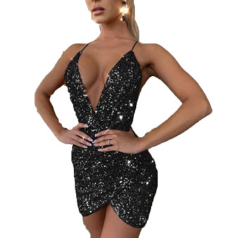 REJEA  Vestido Corto Sexy Sequins Shiny Dress Ladies Deep V-neck Backless Bandage Slip Dress for Women Irregular Mini Dresses for Party