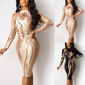 REJEA Sexy Party Women Dress Shiny Glitter Tunic O-neck Long Sleeve Perspective Sexy Sequin Nightclub Casual Knee Length Ladies Dress