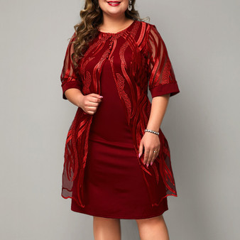 REJEA Plus Size Dress Women Summer 3/4 Sleeve Red Ladies Midi Dresses Fashion Round Neck Fake Two Pieces Large Size Female Dress D30