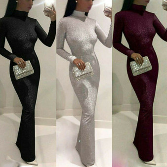 REJEA Women Sexy Shiny Sequin Glitter Dresses Sexy Lady Bodycon Long Maxi Club Dress Long Sleeve High Neck Slim Dresses Vestidos