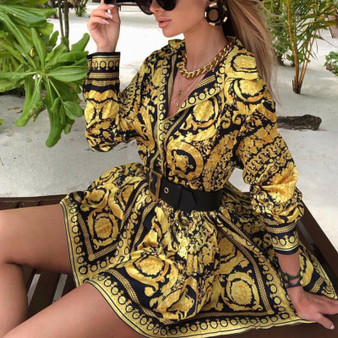 REJEA Fashion Vintage Womens Boho Dress Spring Loose Long Sleeve Party A-Line Dress Ladies Sexy V-neck Swing Short Mini Dresses