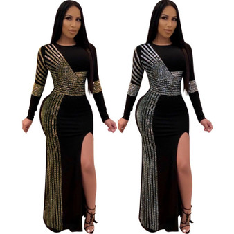 REJEA African Maxi Dresses For Women Black African Long Dress Sequins O-Neck Long Sleeves Daily Dress Evening Dress Party Dress