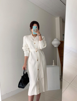 REJEA Elegant O-neck Single-breasted Women Solid Sweater Dress OL Style Long Sleeve Belted Knitted Mid-length Dress Female