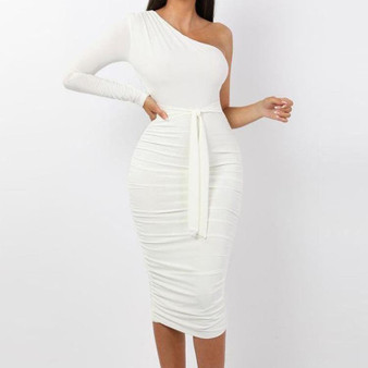 REJEA Women Elegant Fashion Sexy White Cocktail Party Slim Fit Dresses One Shoulder Belted Ruched Design Bodycon Midi Dress