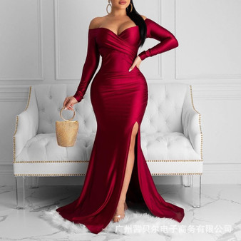 REJEA Burgundy Slash Collar Dresses Women Sexy Party Split Dress Long Sleeve High Waist Bodycon Solid Color Fashion Dress