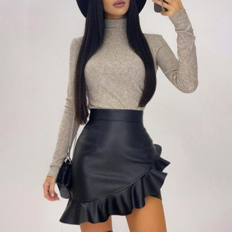 REJEA Sexy Leather Pu Skirt For Ladies Black Ruffle Asymmetric Women Mini Skirt High Waist Flare Fashion Office Female Skirt D25