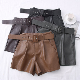 REJEA New PU Leather Shorts Women Shorts All-match Sashes Wide Leg Short Ladies Sexy Leather Shorts Autumn Winter