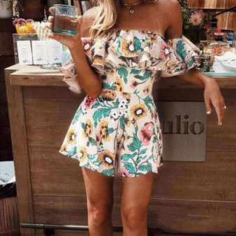 REJEA  Boho Floral Playsuit Summer Off Shoulder Ruffle Bodycon Jumpsuit Romper Beach Casual Shorts Party Trousers