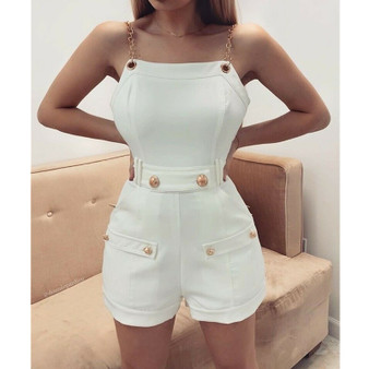 REJEA Fashion Women's Sleeveless Chain Belt Stylish Jumpsuit Shorts Trouser Ladies Holiday Casual Playsuits Streetwear