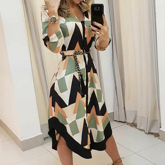 REJEA Autumn Office Midi Geometric Print Dress Empire Vintage Dresses with Long Sleeve Belt Casual Party Dress