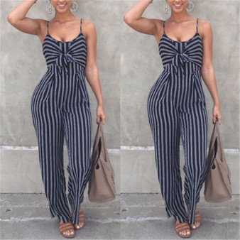 REJEA New Women Summer Bodysuit  Clubwear Playsuit Strappy Jumpsuit Sexy V-neck Striped High Waist Jumpsuit Long Trousers