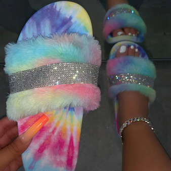 Rejea Sandal Women Rhinestone Furry Slides Kawaii Slippers Faux Fur Flurry Slides Glitter Bling Rainbow Shoes Cute Plush Jelly