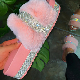 Rejea Women Fur Slippers Summer Furry Slides Female Fluffy Indoor Shoes Women's Bling fuzzy Slide House Sliders