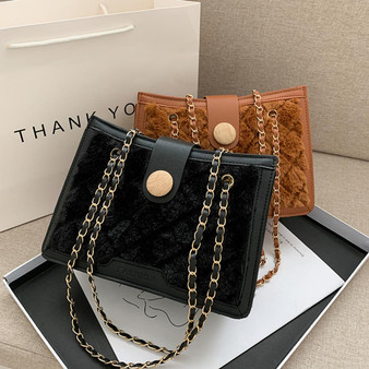 Rejea Fashion Vintage Lattice Pattern PU Leather Women Plush Crossbody Bags Casual Solid Color Chain Female Daily Shoulder Bags