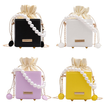 Rejea Fashion Square Box Crossbody Bags Women PU Leather Pearl Chain Mini Shoulder Purse Drawstring Female Sling Messenger Totes