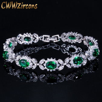 Rejea Luxury Emerald Green Crystal Women Jewelry Flower Chain Link Bracelet Bangle with White Cubic Zirconia