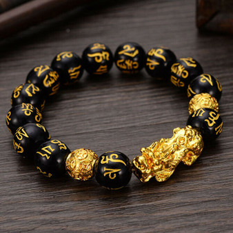 Rejea Feng Shui Obsidian Stone Beads Bracelet Men Women Unisex Wristband Gold Black Pixiu Wealth and Good Luck  Women Bracelet