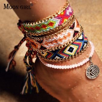 Rejea 2 PCS Charm Anklets for Women Bohemian Crystal Bead Handmade Anklet Bracelets Female Beach Foot Jewelry