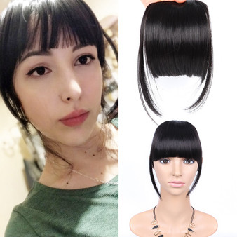 Rejea Black Fake Hair Bans Front Neat Bangs Clip In Hairpiece Fringe Hair Extensions For Women Straight Synthetic Pure Color