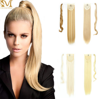 Rejea Long Straight Ponytail Synthetic Hairpiece Wrap on Clip Hair Extensions Ombre Brown Pony Tail Blonde Fack Hair