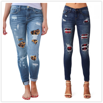 Rejea women's ripped leopard print jeans Fashion stretch Skinny denim pencil pants Street casual hipster jeans S-2XL
