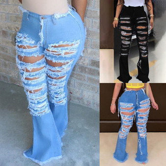 Rejea Sexy Ripped jeans Fringe Hollow out Ruffle Flare denim Pants High Waist Bodycon Hole Women Trousers Club Outfits